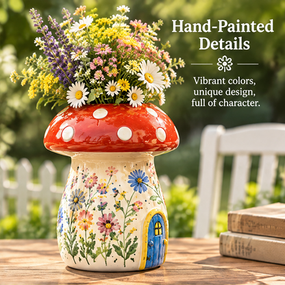 Angled view of a floral mushroom house vase beside text highlighting hand-painted details.