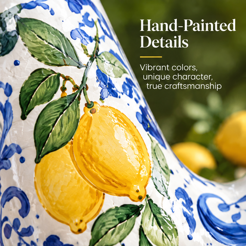 Underside of the lemon-patterned ceramic vase showing three round pads and text highlighting durable ceramic.