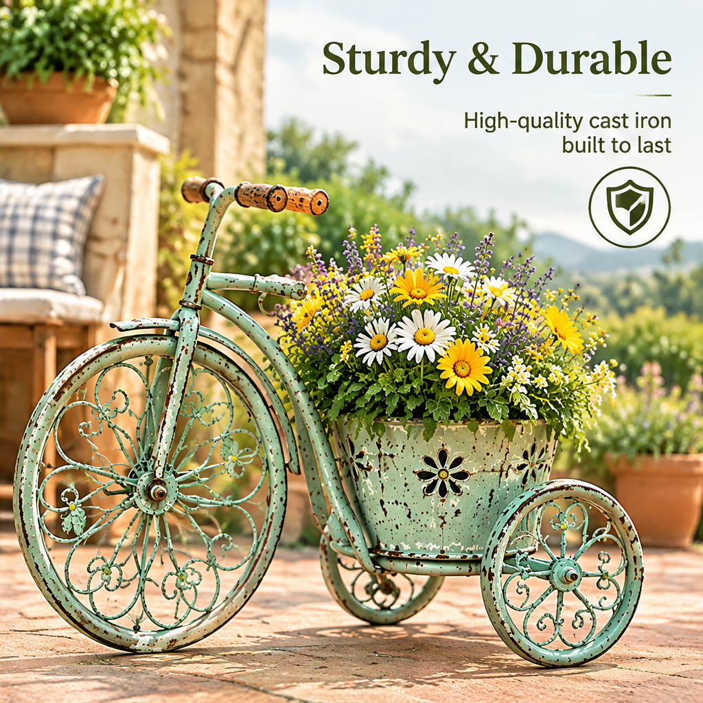 Angled view of a mint green tricycle planter beside text highlighting sturdy cast iron construction.