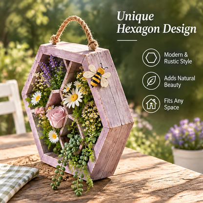 Angled view of a lavender floral frame with text highlighting its unique hexagon design and modern rustic style.