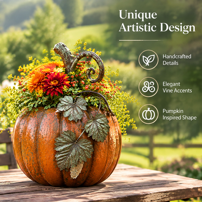 Angled view of a pumpkin planter with text highlighting handcrafted details, vine accents and pumpkin-inspired shape.