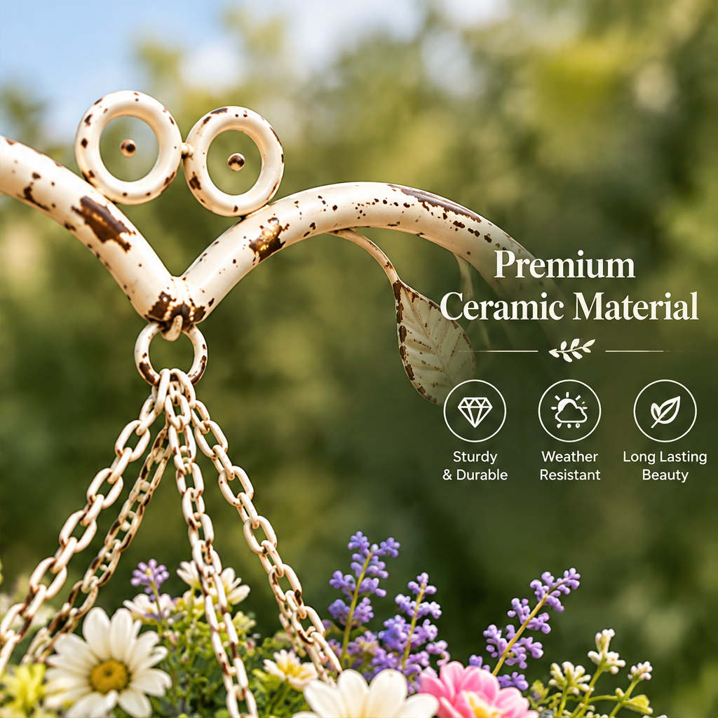 Close-up of the distressed cream heart frame, leaf detail and basket chains beside material-related promotional text.