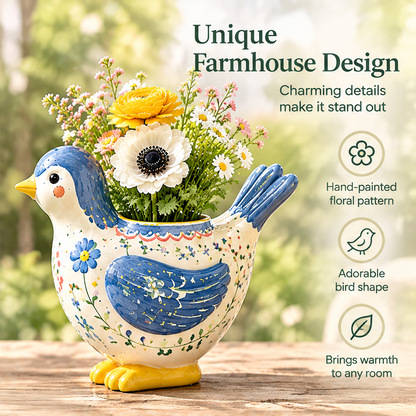 Side view of a blue bird vase with text highlighting farmhouse design and a hand-painted floral pattern.
