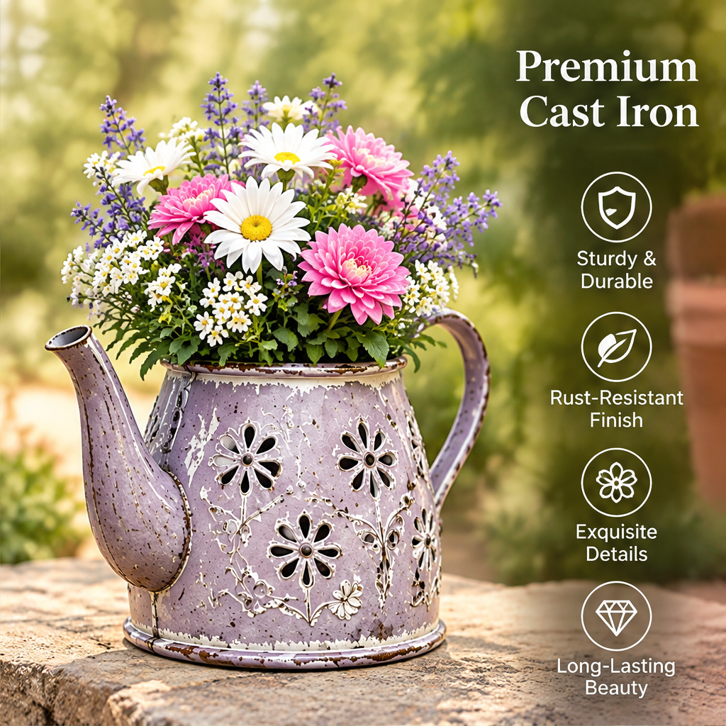 Teapot floral holder with text highlighting cast iron, a rust-resistant finish and decorative details.