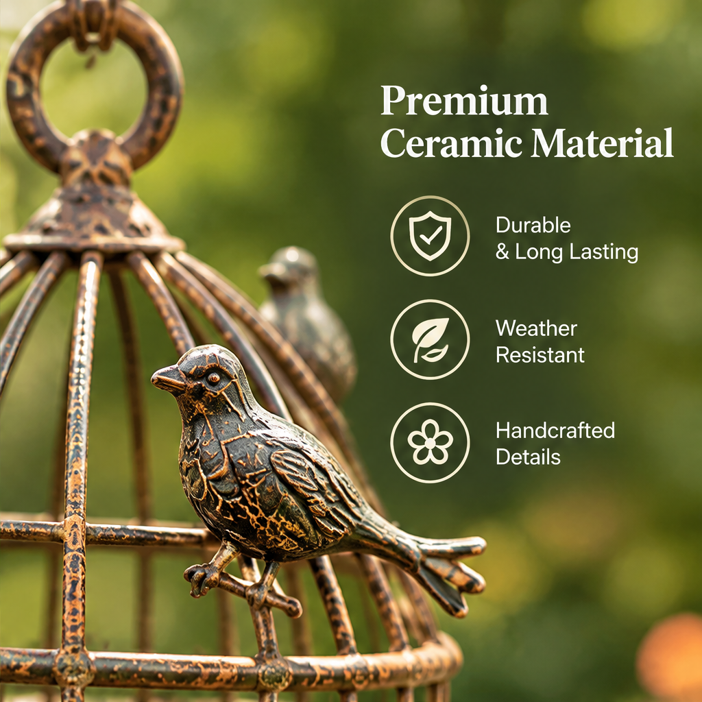 Close-up of a decorative bird and antique bronze-tone cage frame beside material and durability text.