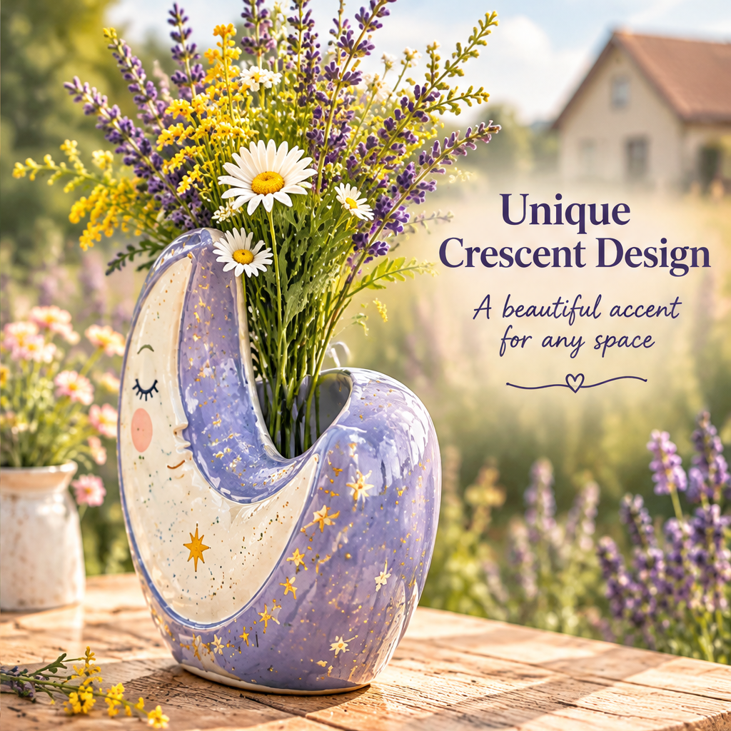 Overhead view of a moon-shaped vase filled with flowers beside text highlighting fresh flower use.