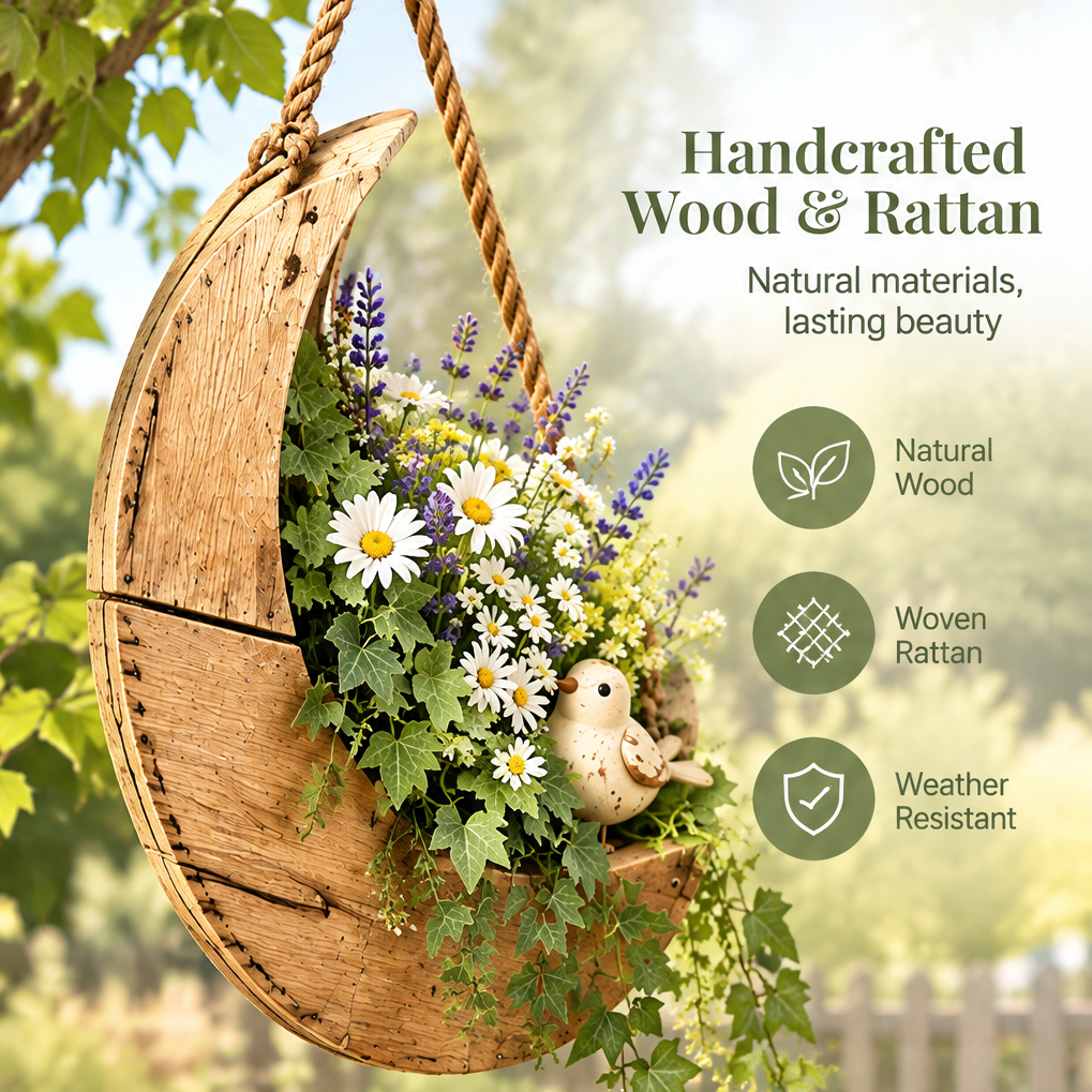 Angled view of a crescent floral vessel with text highlighting handcrafted wood, woven rattan and weather resistance.
