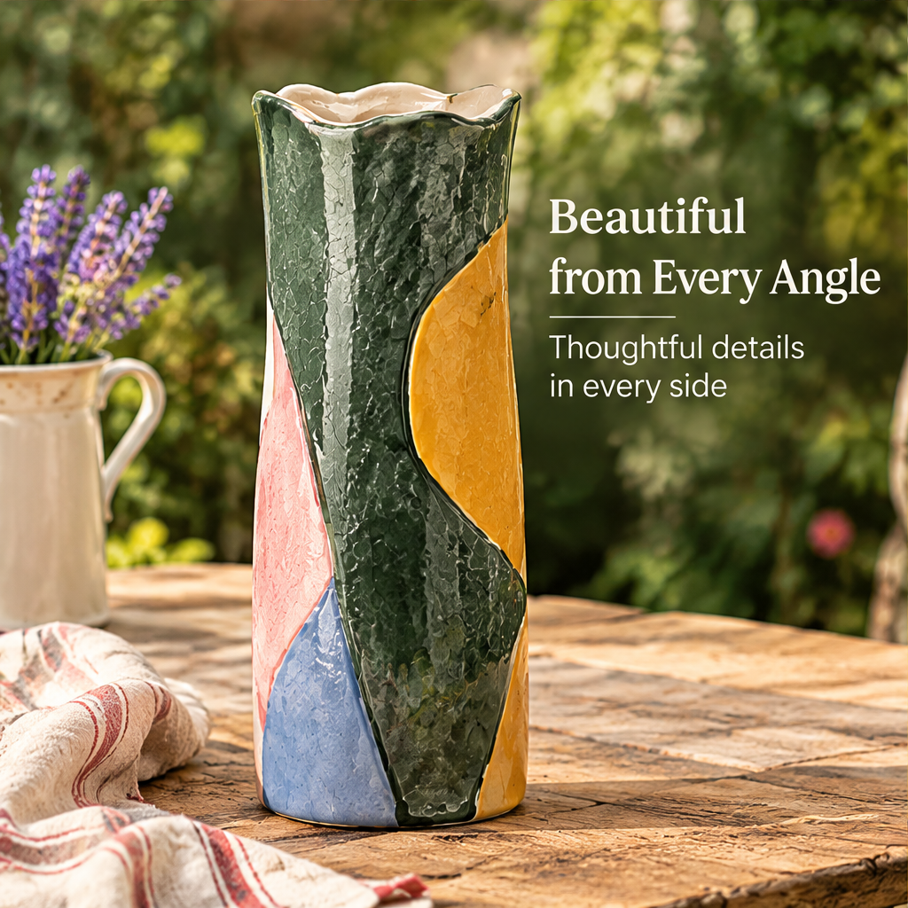 Rear view of a ceramic vase showing green, yellow, pink and blue color blocks and a wavy rim.