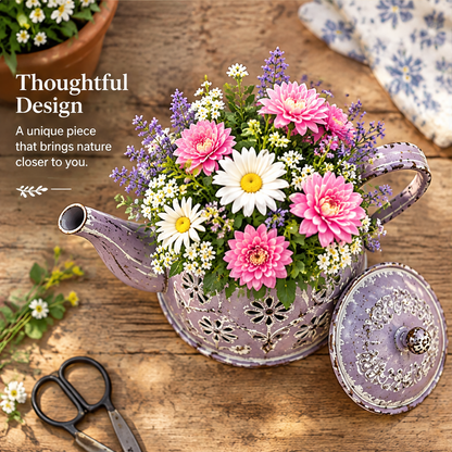 Opposite view of a lavender teapot floral holder beside home, garden, patio, office and gift styling suggestions.