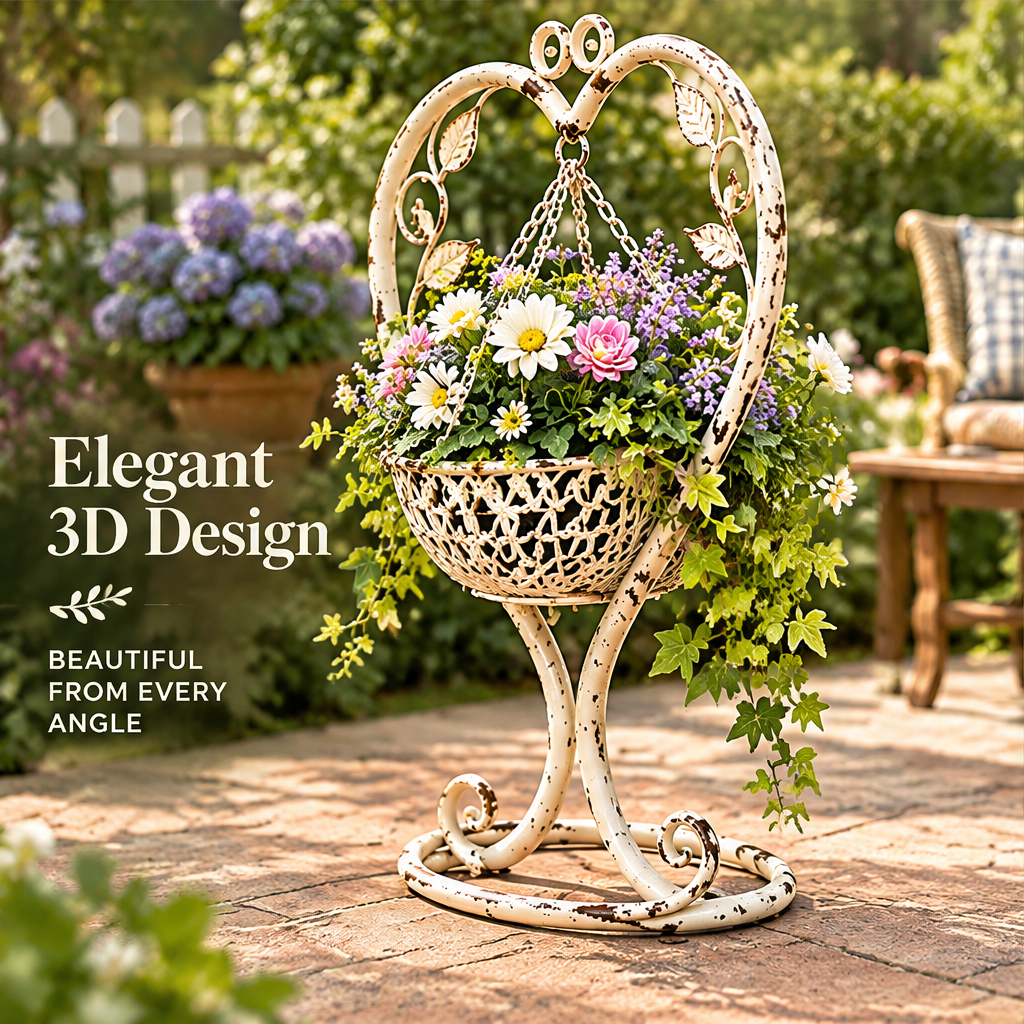 Overhead view of the suspended floral basket and heart frame beside garden, patio and home centerpiece text.