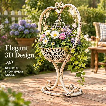 Overhead view of the suspended floral basket and heart frame beside garden, patio and home centerpiece text.