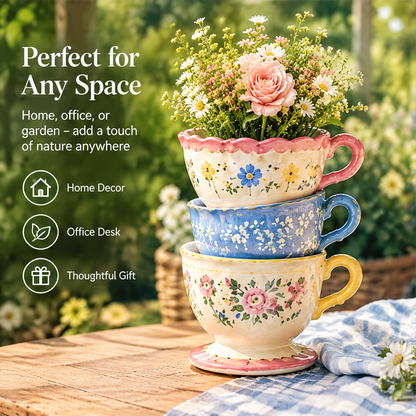 Overhead view of three separate floral teacup vases with pink, blue and yellow rims and handles.