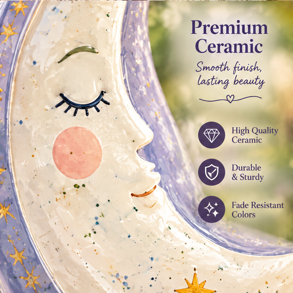 Angled view of a lavender ceramic moon vase with flowers and text highlighting its unique crescent design.