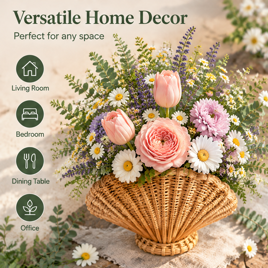 Shell-shaped woven vessel styled with flowers beside living room, bedroom, dining table and office suggestions.