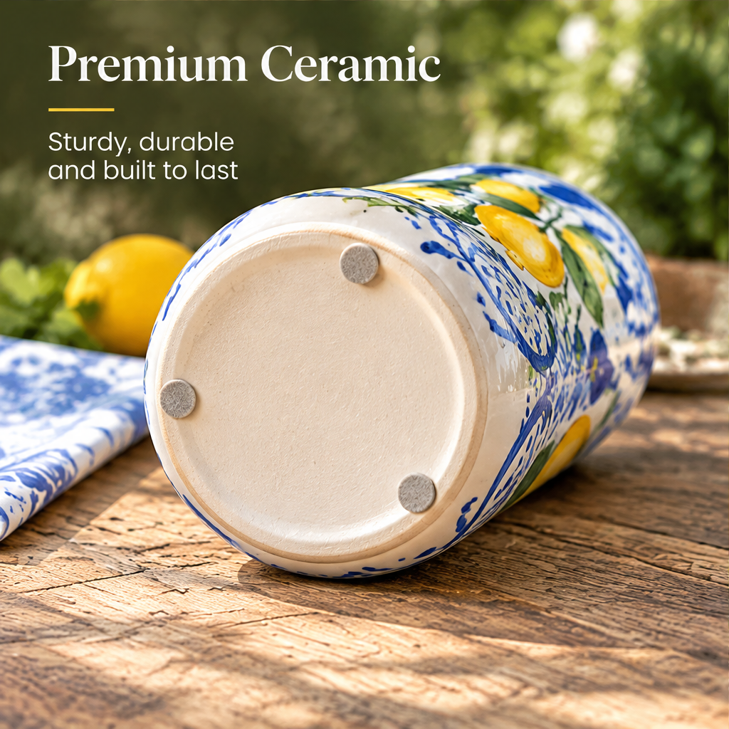 Lemon-patterned ceramic vase on a patio table with text suggesting home, garden, patio or office styling.