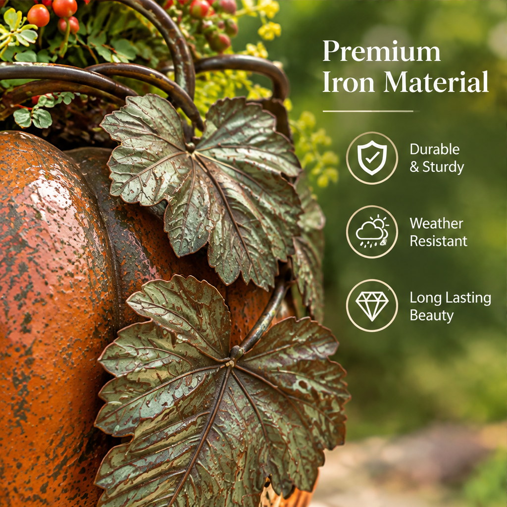 Overhead view of a pumpkin floral display beside patio, garden, porch and yard styling suggestions.