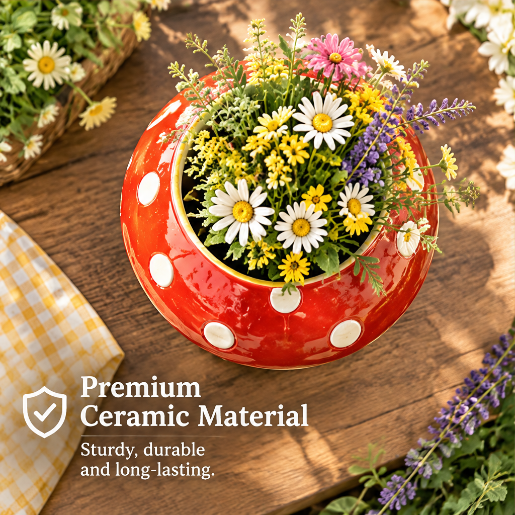 Rear view of a mushroom vase showing colorful floral motifs and text suggesting home, office, patio or garden styling.