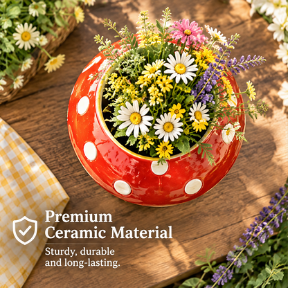 Rear view of a mushroom vase showing colorful floral motifs and text suggesting home, office, patio or garden styling.