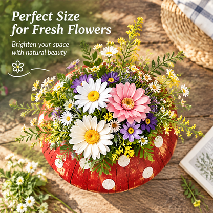 Overhead view of flowers in a red spotted mushroom vessel beside text describing fresh flower displays.
