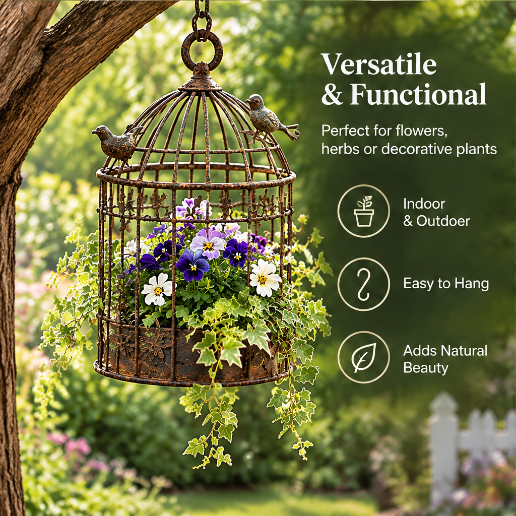 Overhead view of a domed birdcage holder with two bird details and text describing timeless design.