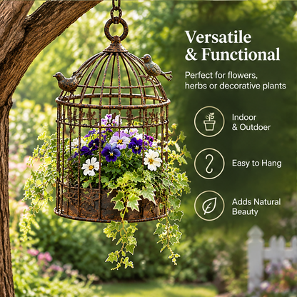 Overhead view of a domed birdcage holder with two bird details and text describing timeless design.