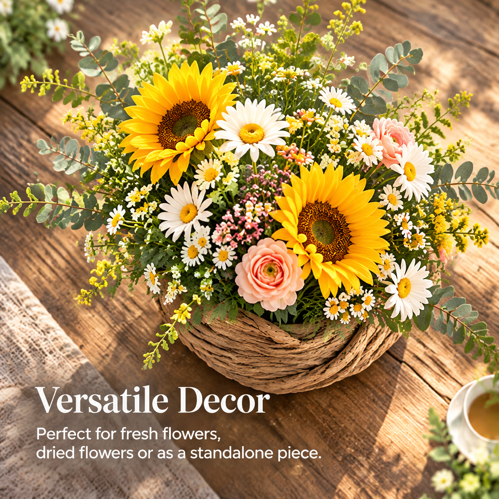 Woven floral vessel with flowers beside text describing rustic charm for the home.