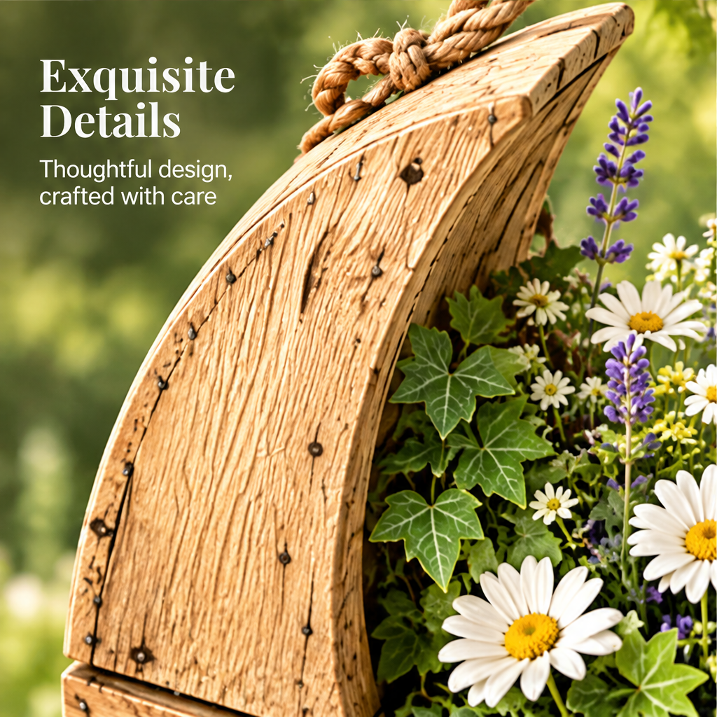 Close-up of the textured crescent edge and rope attachment beside text describing thoughtful design details.