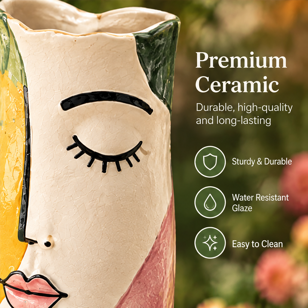 Close-up of the ceramic vase face with text highlighting durability, water-resistant glaze and easy cleaning.