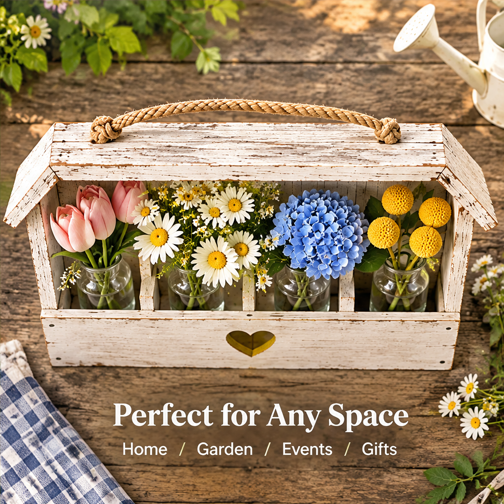 Overhead view of a wooden floral holder styled with four bottles beside home, garden, events and gifts text.