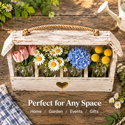 Overhead view of a wooden floral holder styled with four bottles beside home, garden, events and gifts text.