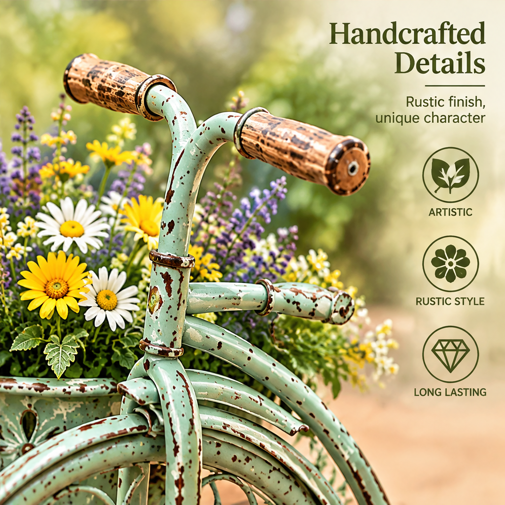 Close-up of brown handle accents and distressed mint green frame beside handcrafted detail text.