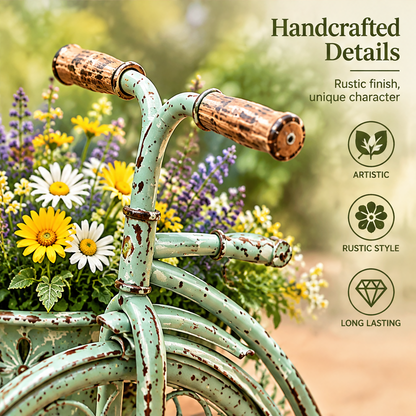 Close-up of brown handle accents and distressed mint green frame beside handcrafted detail text.