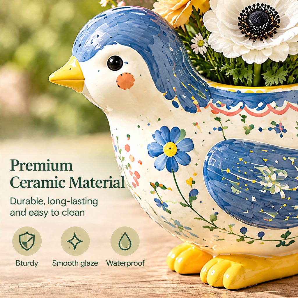 Close-up of a bird vase face and blue wing with text highlighting ceramic, smooth glaze and waterproof finish.