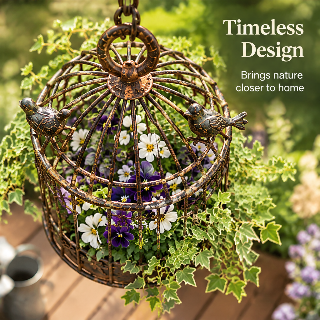 Birdcage floral holder with text suggesting flowers, herbs, decorative plants and indoor or outdoor use.