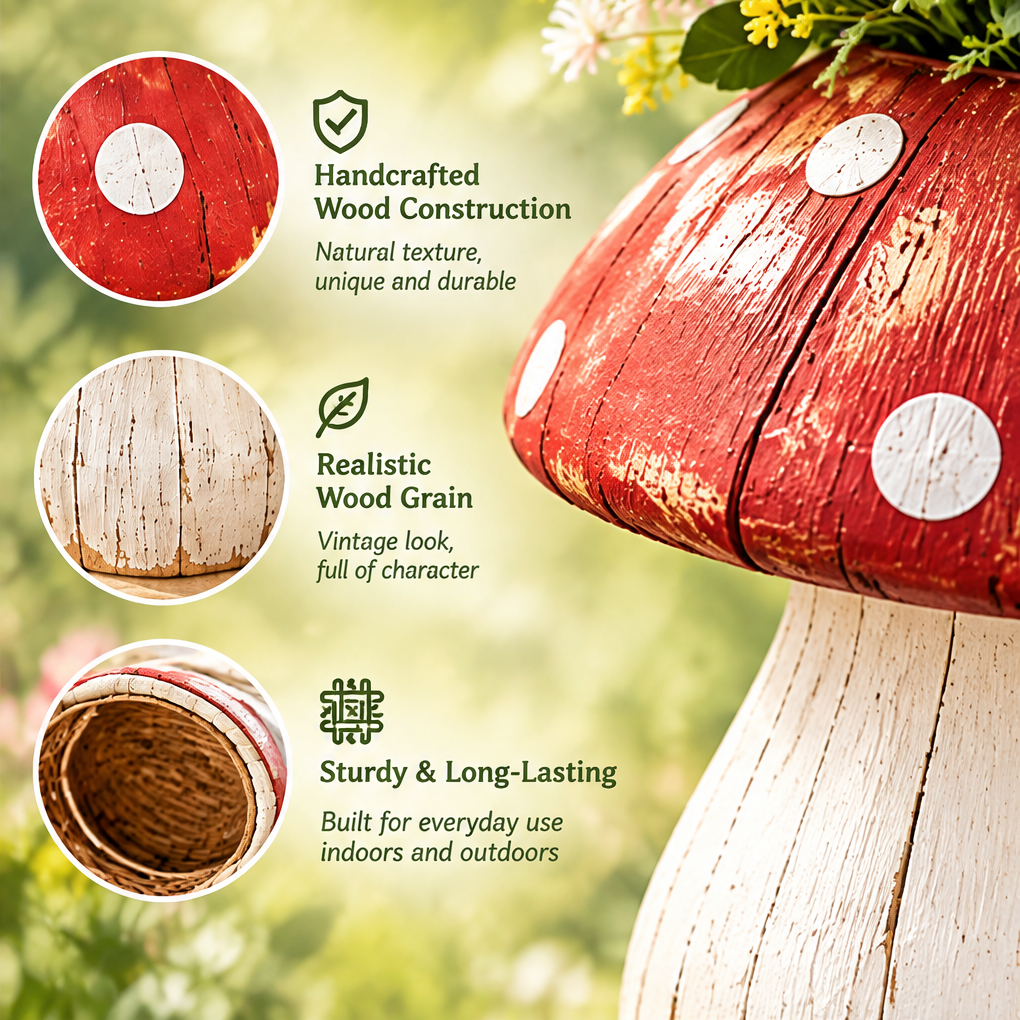 Close-up of distressed mushroom vessel with insets showing wood grain and handcrafted wood construction.