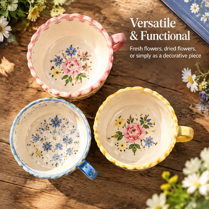 Close-up of pink and blue teacup handles and floral details with text highlighting handcrafted ceramic.