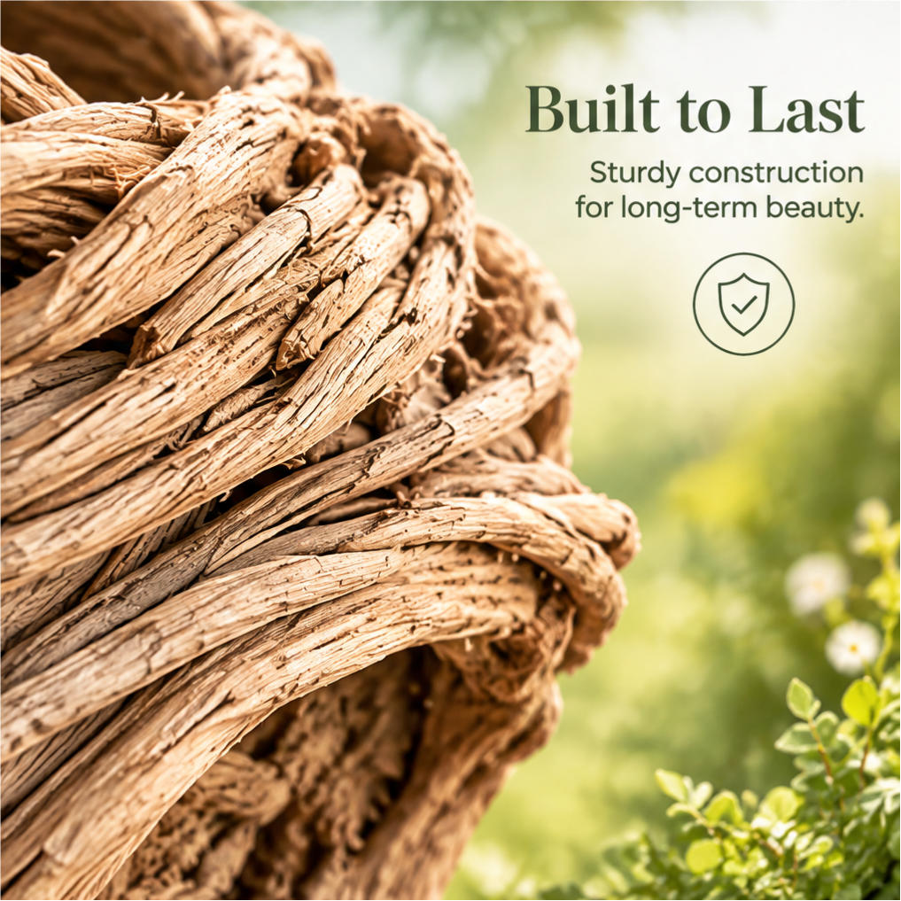 Close-up of layered wood-tone woven strands beside text highlighting sturdy construction.