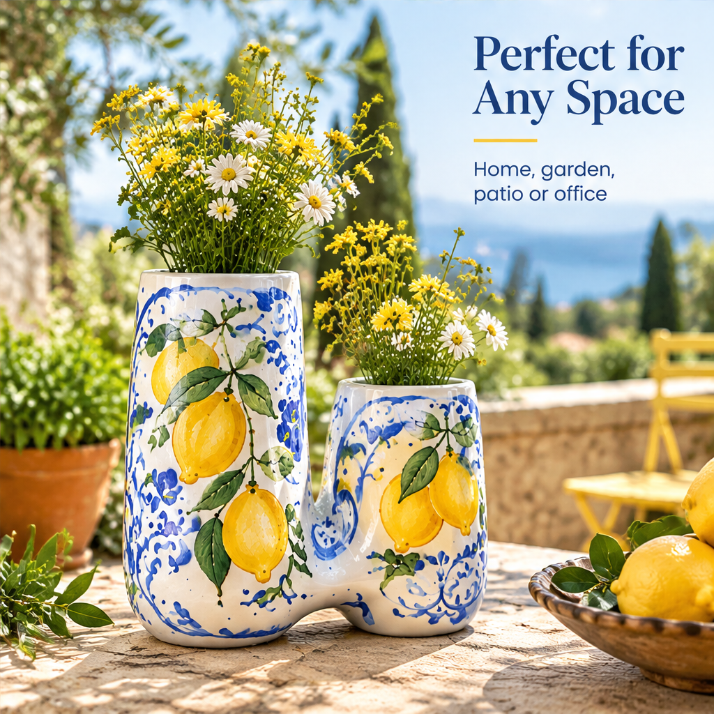 Close-up of yellow lemons, green leaves and blue motifs with text highlighting hand-painted details.