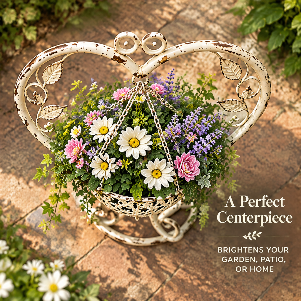 Angled view of a cream heart basket stand with text highlighting its elegant three-dimensional design.