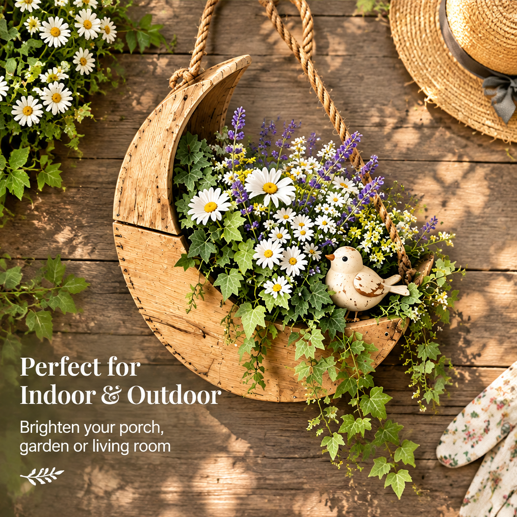 Crescent floral vessel laid on wooden boards beside text suggesting indoor and outdoor styling.