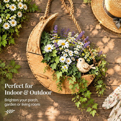 Crescent floral vessel laid on wooden boards beside text suggesting indoor and outdoor styling.