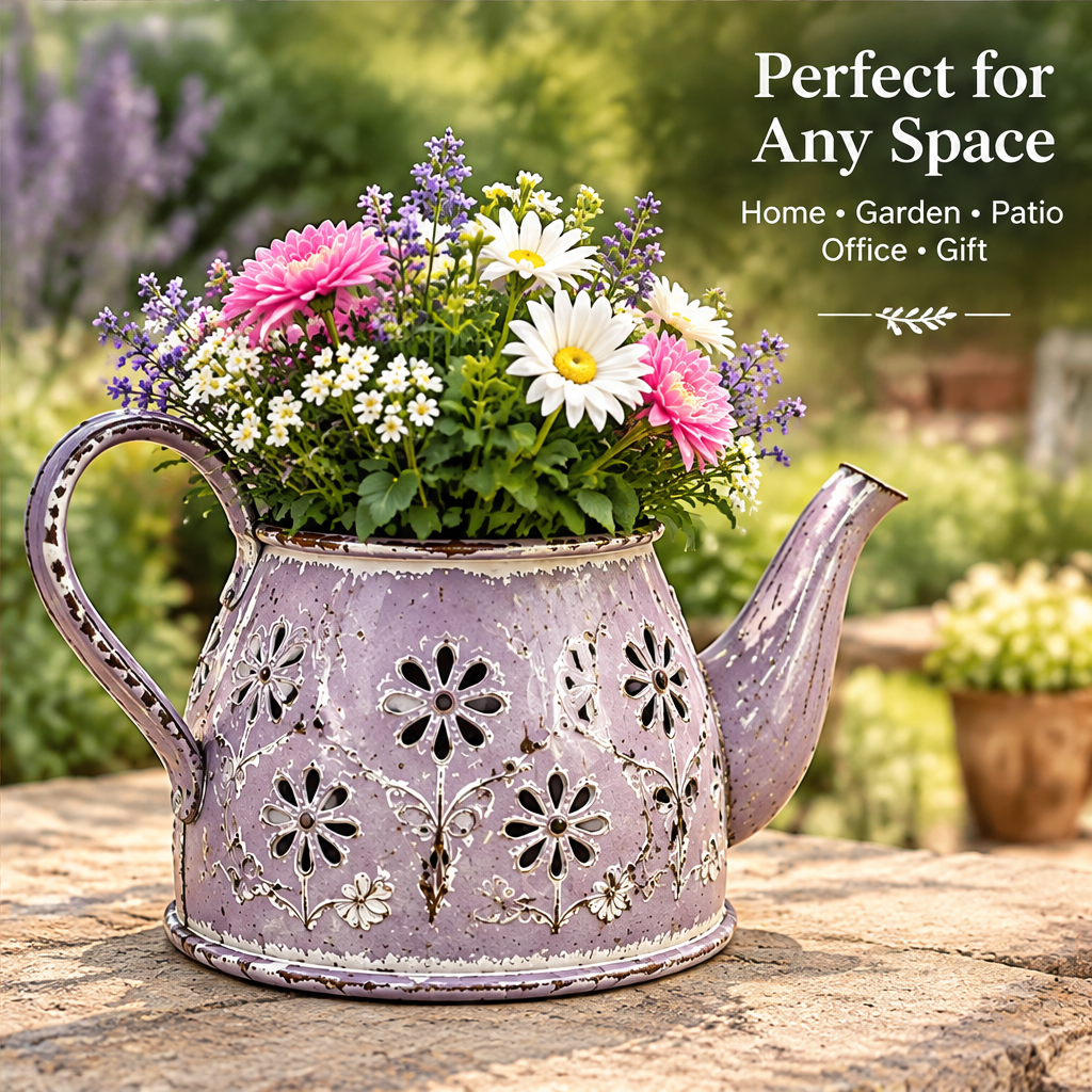 Overhead view of flowers in a lavender teapot holder with a patterned lid displayed alongside and thoughtful design text.