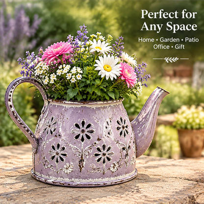 Overhead view of flowers in a lavender teapot holder with a patterned lid displayed alongside and thoughtful design text.