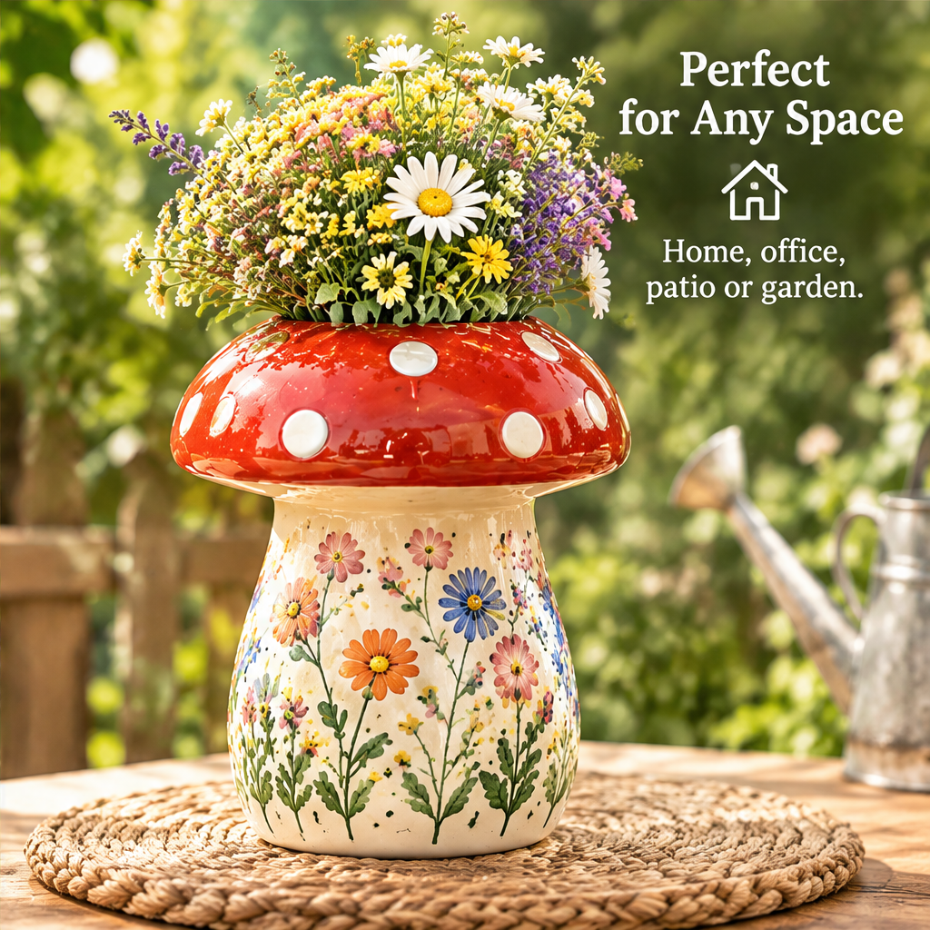Overhead view of flowers in a red spotted mushroom vase beside text highlighting durable ceramic material.